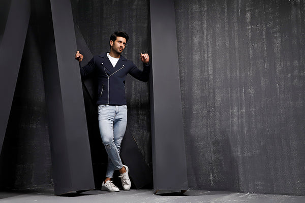 Navy Blue Fleece Biker Jacket