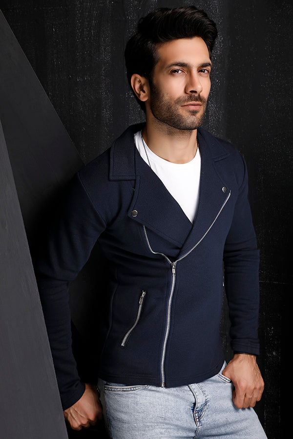 Navy Blue Fleece Biker Jacket