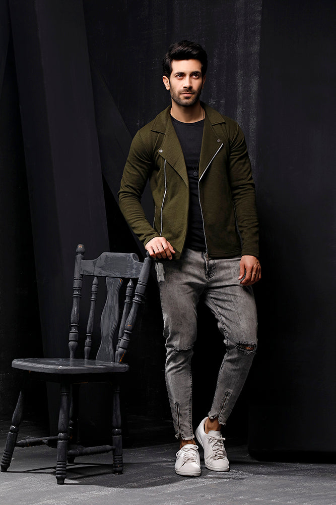 Dark Green Fleece Biker Jacket
