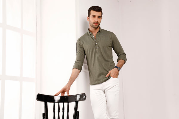 Olive High Collar Mid Placket Shirt