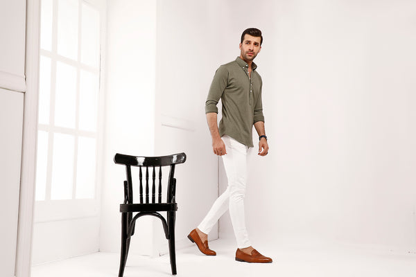 Olive High Collar Mid Placket Shirt