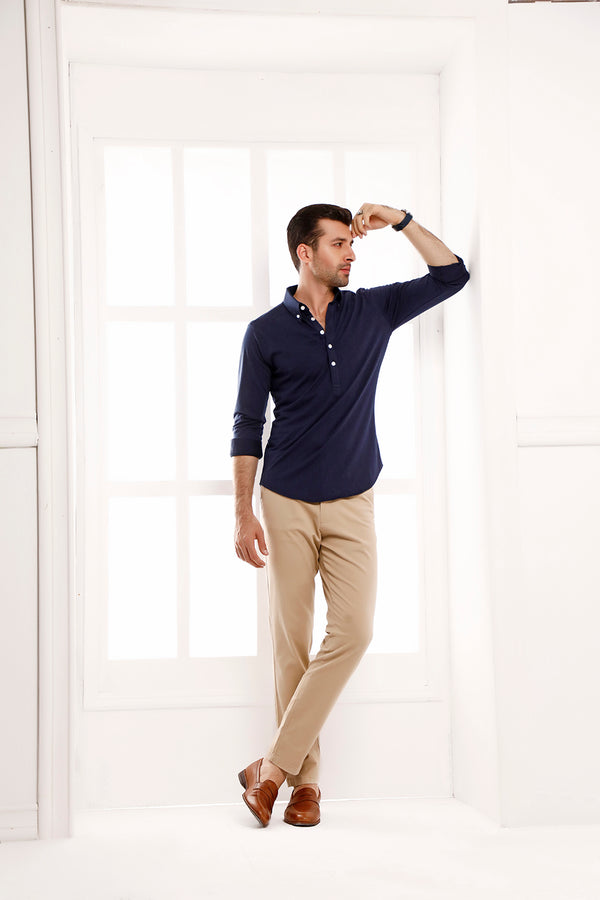 Navy Blue High Collar Mid Placket Shirt