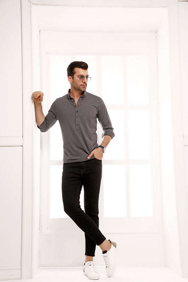 Charcoal High Collar Mid Placket Shirt