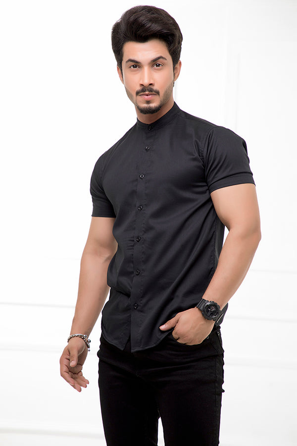 Black Grandad Collar Half Sleeves Shirt