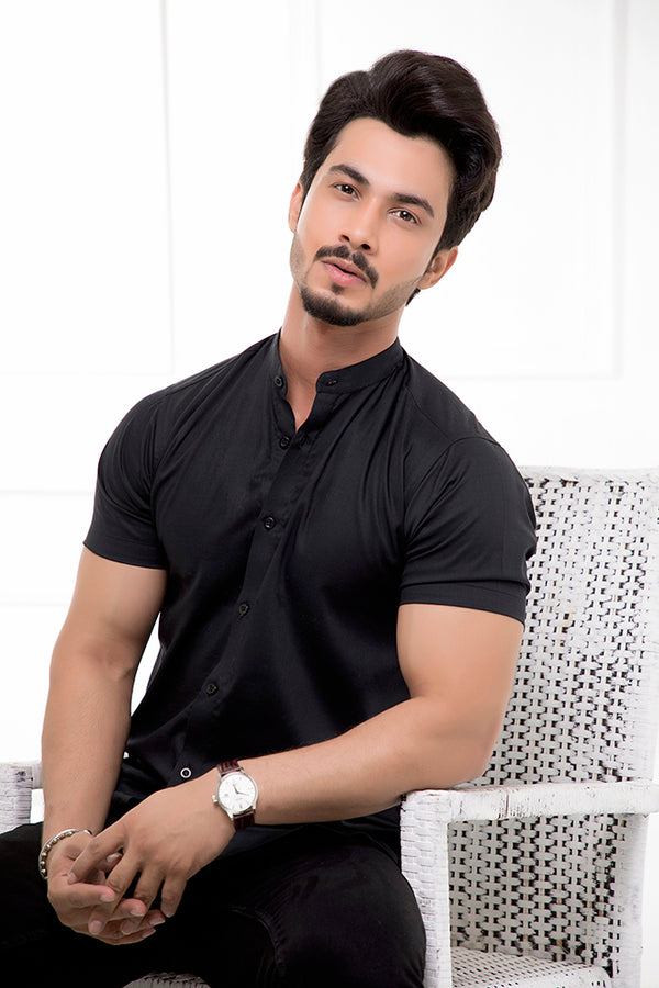 Black Grandad Collar Half Sleeves Shirt
