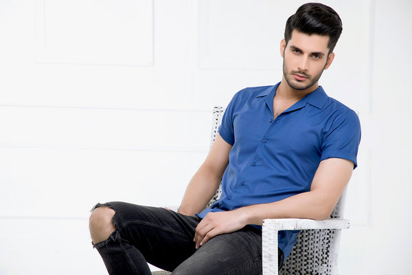Royal Blue Revere Collar Half Sleeves Shirt