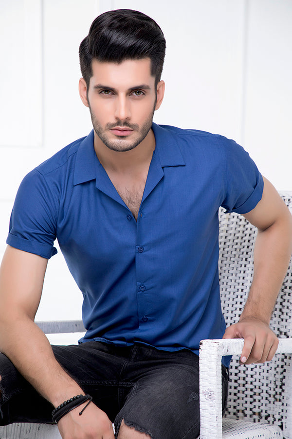 Royal Blue Revere Collar Half Sleeves Shirt