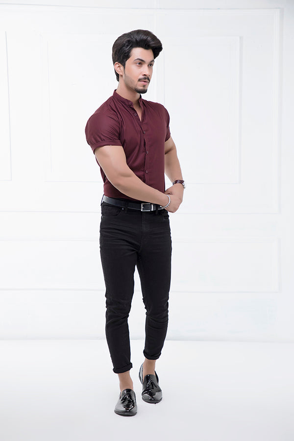 Maroon Grandad Collar Half Sleeves Shirt