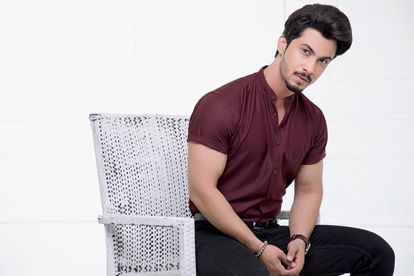 Maroon Grandad Collar Half Sleeves Shirt