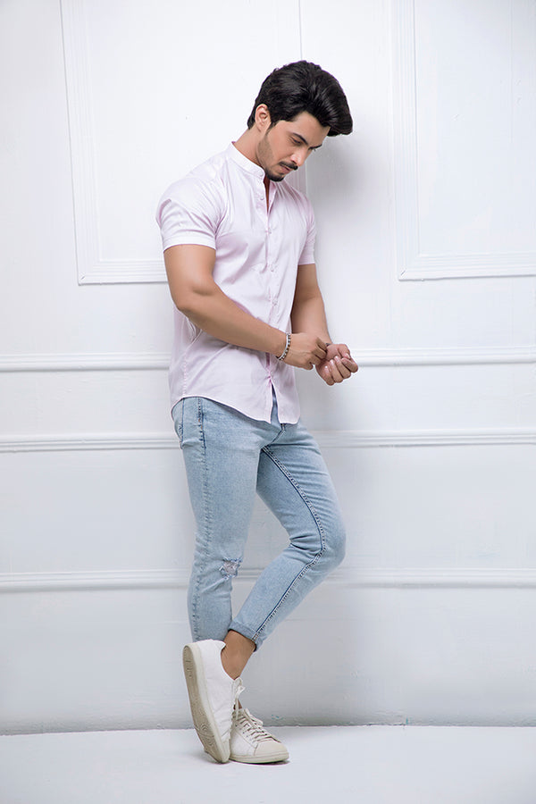 Pink Grandad Collar Half Sleeves Shirt