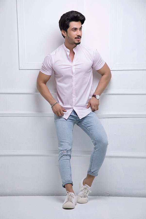 Pink Grandad Collar Half Sleeves Shirt