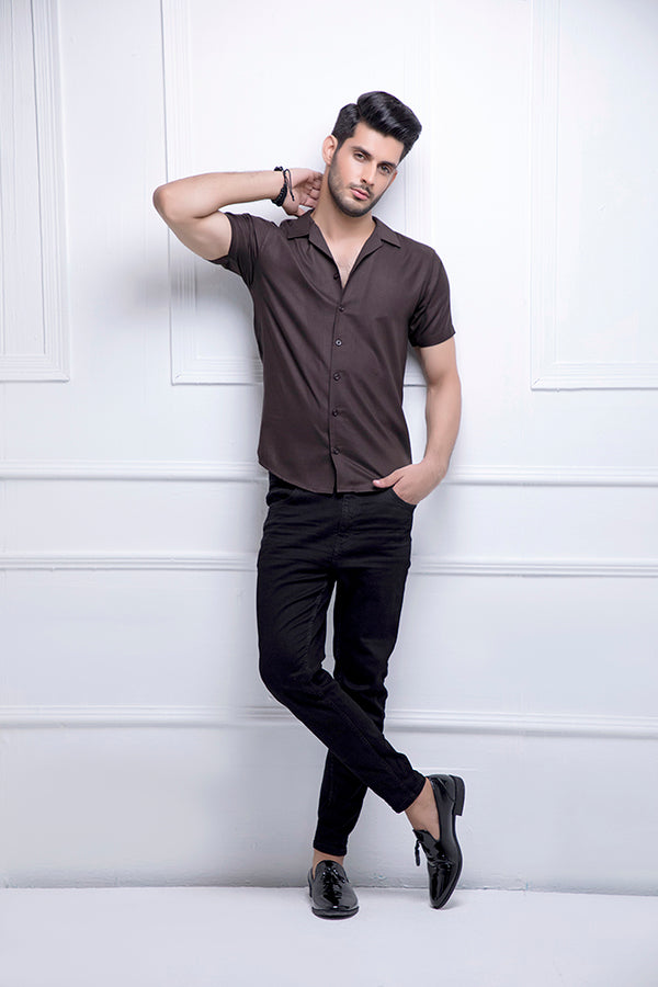 Brown Revere Collar Half Sleeves Shirt
