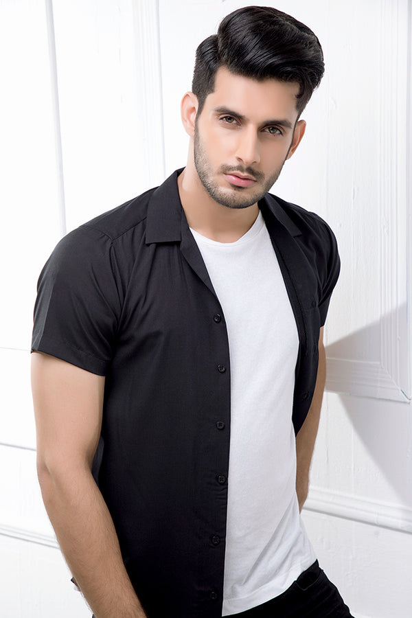 Black Revere Collar Half Sleeves Shirt