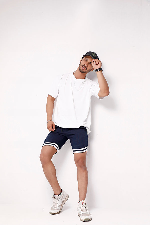 Navy Blue Sweat Shorts With Tape