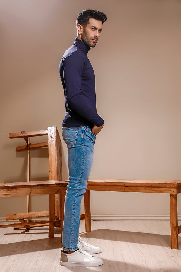 Navy Blue Full Sleeves Turtle Neck