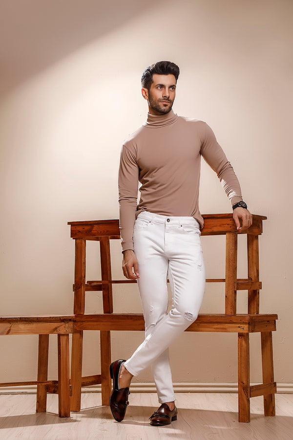 Beige Full Sleeves Turtle Neck