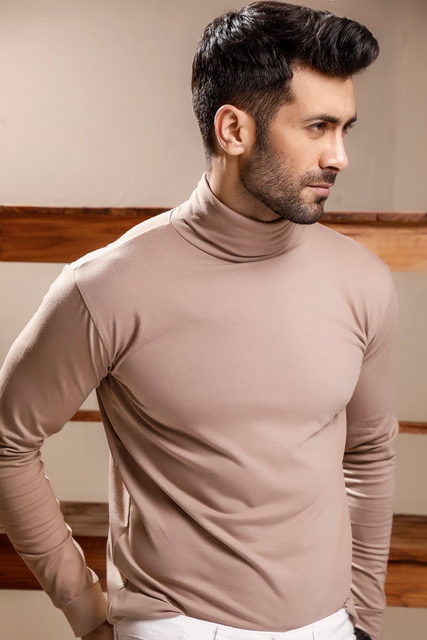 Beige Full Sleeves Turtle Neck