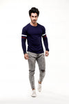 Navy Blue Contrast Full Sleeve Stripe T-Shirt