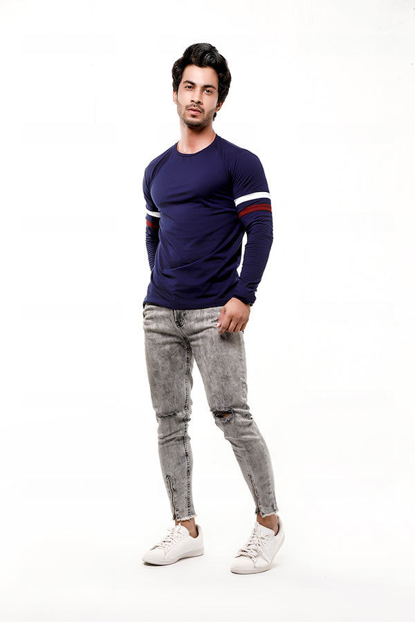 Navy Blue Contrast Full Sleeve Stripe T-Shirt