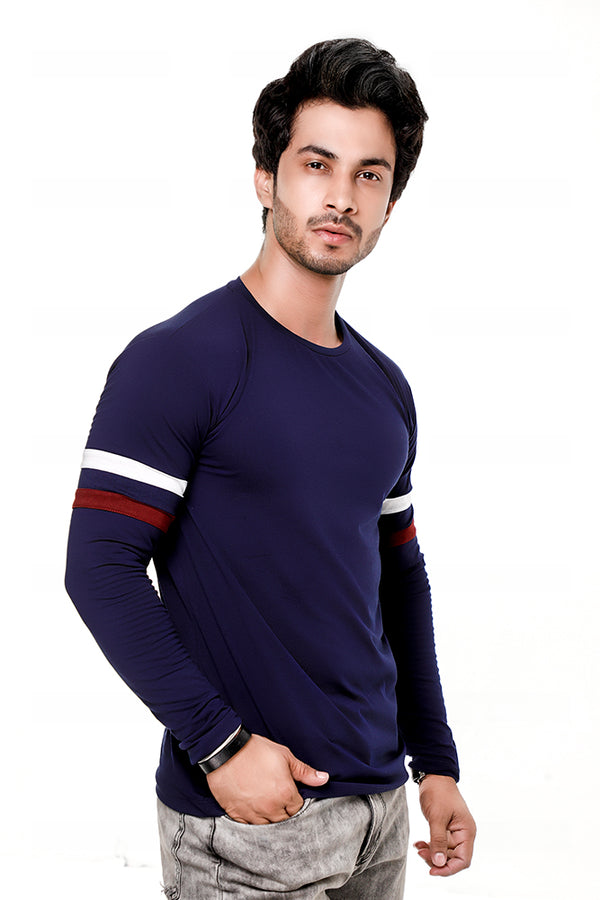 Navy Blue Contrast Full Sleeve Stripe T-Shirt
