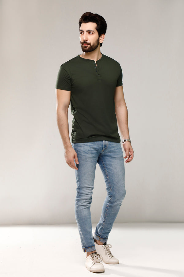 Dark Green Half Sleeves Henley