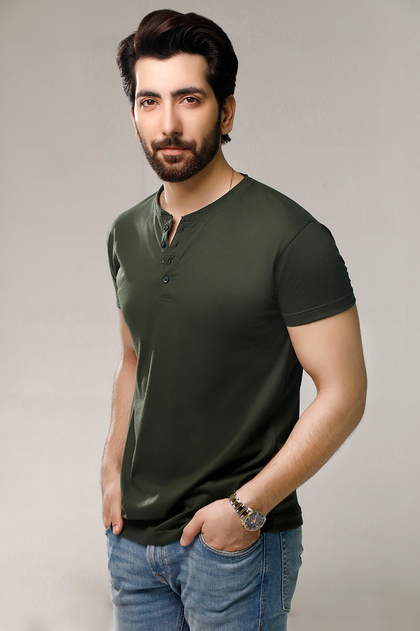 Dark Green Half Sleeves Henley