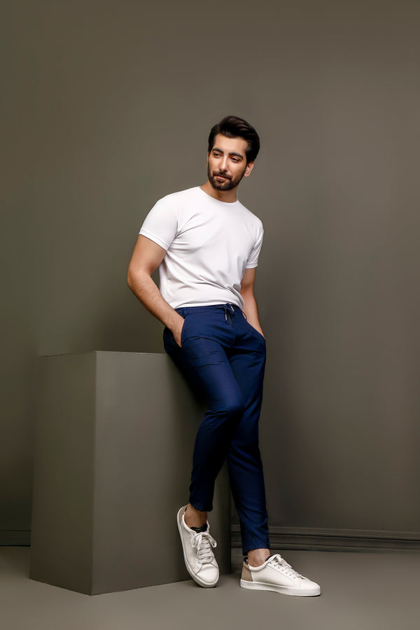 Navy Single Pleated Drawstring trouser