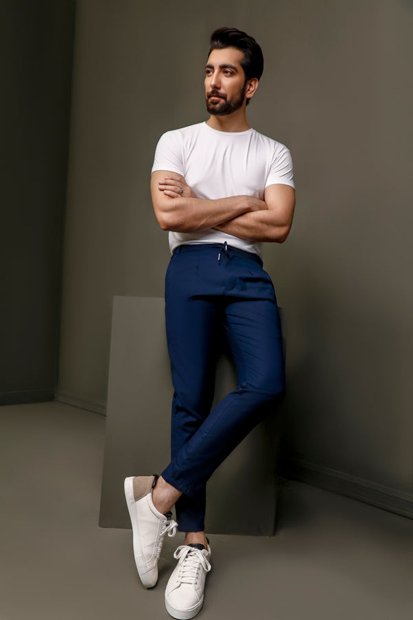 Navy Single Pleated Drawstring trouser