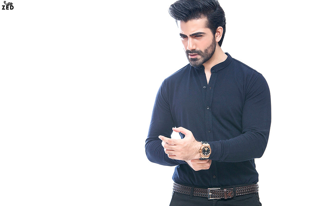 Navy Blue Full Sleeves Pique Shirt