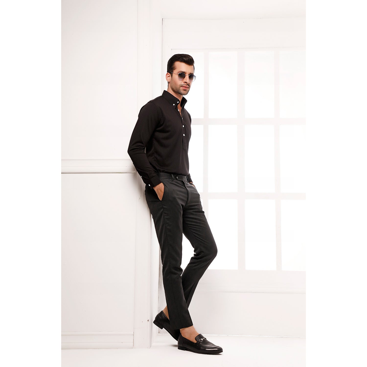 Black High Collar Mid Placket Shirt
