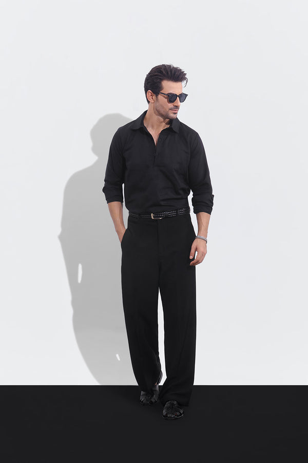 Black Linen Half Placket Shirt