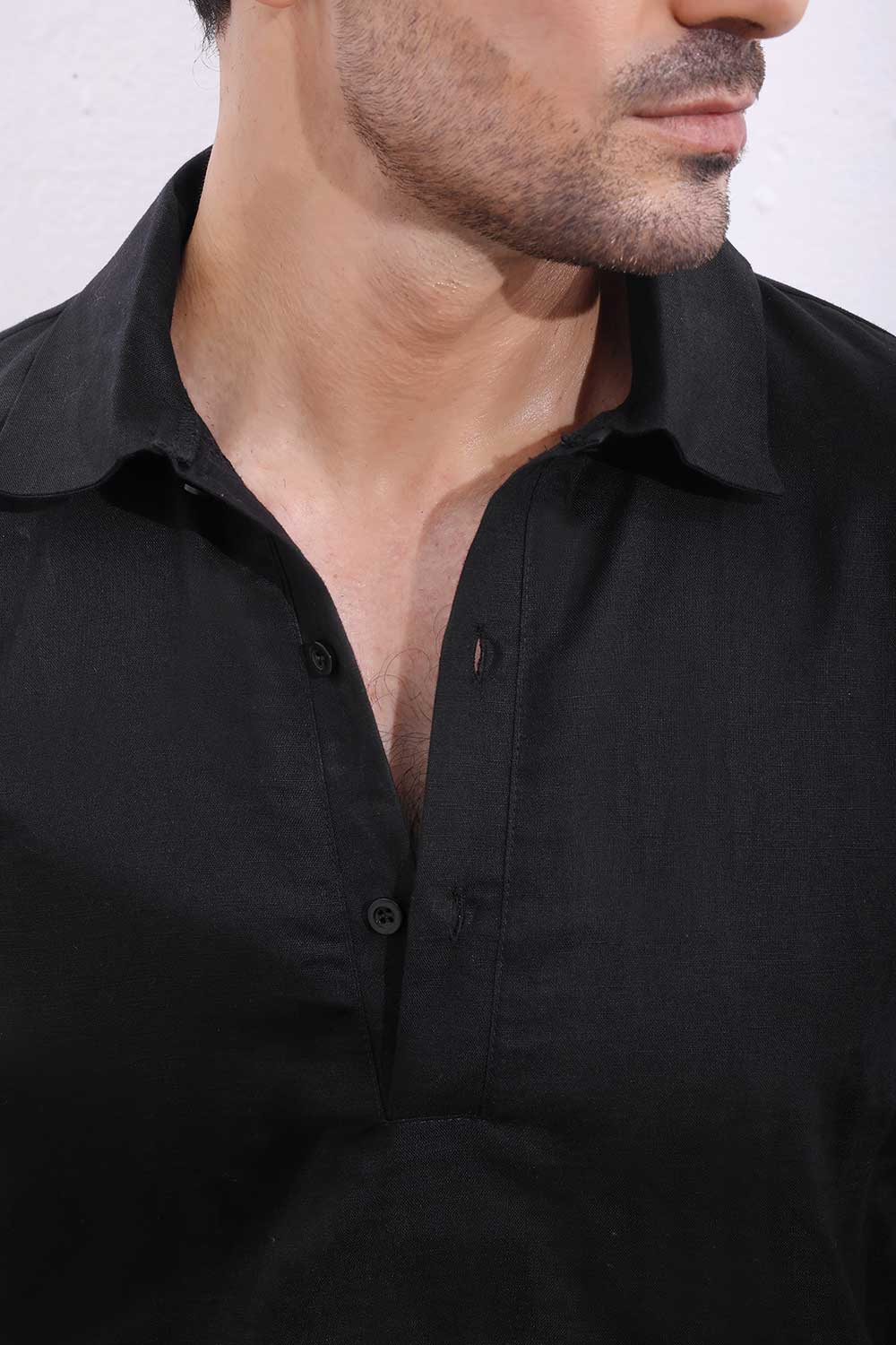 Half Placket Example Black Linen Half Placket Shirt | ZED