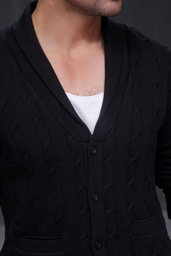 Black Cable Knit Shawl Cardigan Sweater