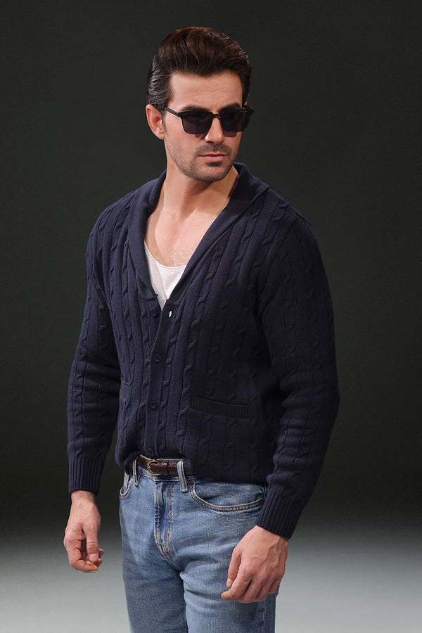 Navy blue Cable Knit Shawl Cardigan Sweater