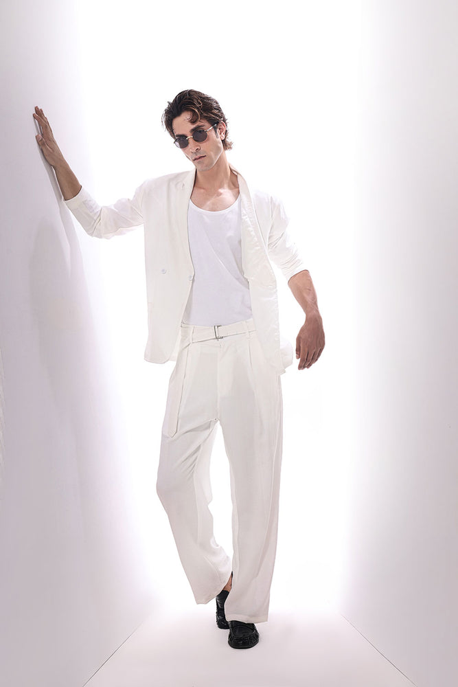 White Viscose Linen Wide Leg Trousers With Belt Detail