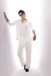 White Viscose Linen Wide Leg Trousers With Belt Detail