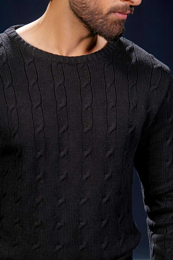 Black Crew Neck Cable Knit Sweater