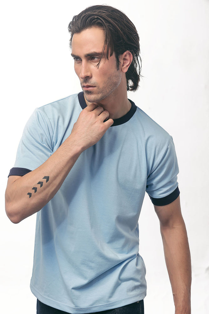 Light Blue Basic Contrast Rib T-Shirt