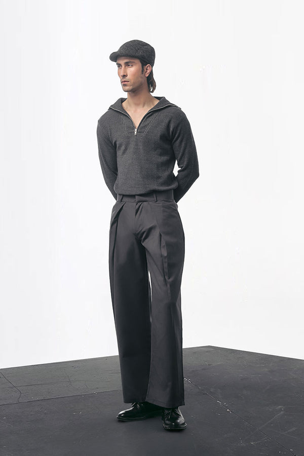 Charcoal Ultra Cross Pleated Wide Leg Trousers