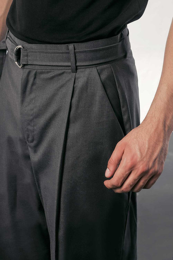 Charcoal Relaxed Fit Pleated Trouser With Belt