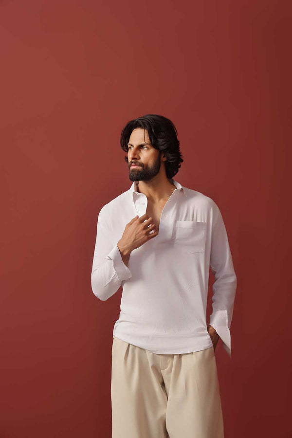 White Linen Half Placket Shirt