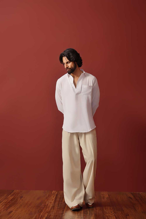 White Linen Half Placket Shirt