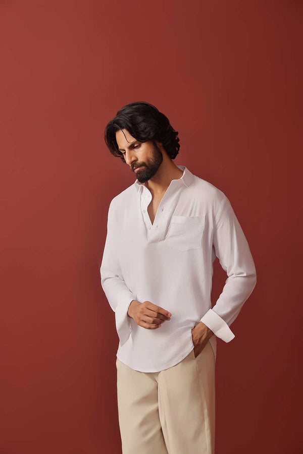 White Linen Half Placket Shirt