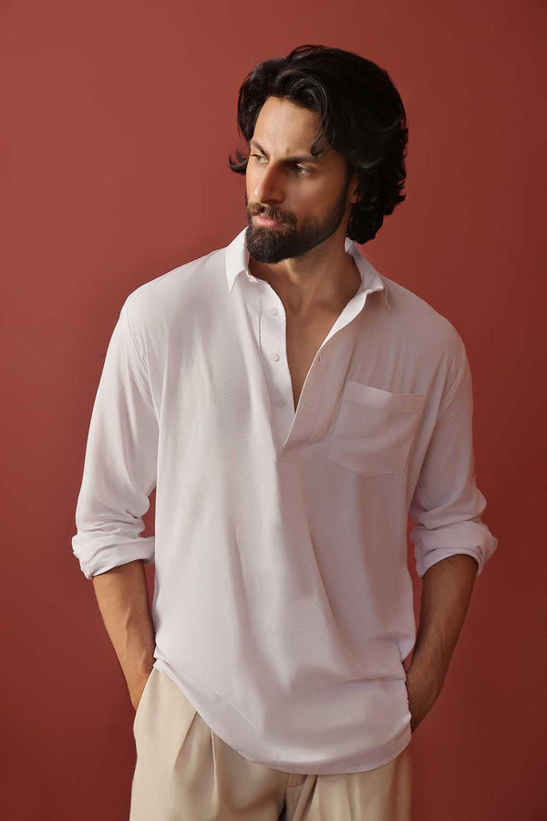 White Linen Half Placket Shirt