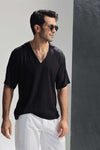 Black Short Sleeves Overhead Linen Blend Shirt