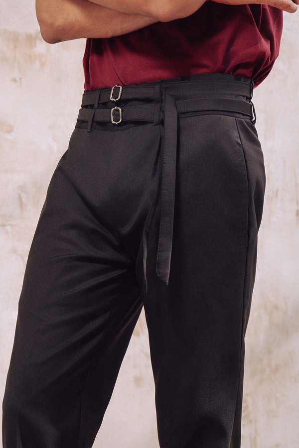 Black Double Belted Pleated Trousers