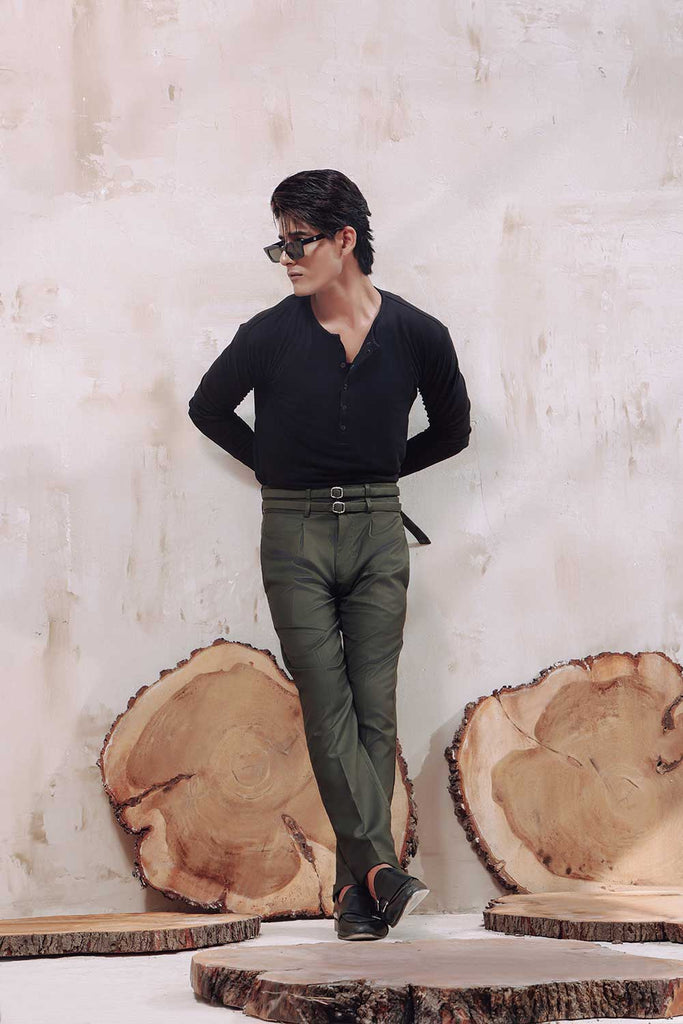 Dark Green Double Belted Pleated Trousers | ZED