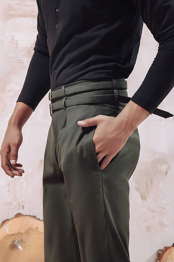 Dark Green Double Belted Pleated Trousers
