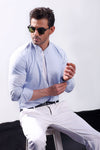 Sky Blue Linen With Stand-Up Collar Shirt