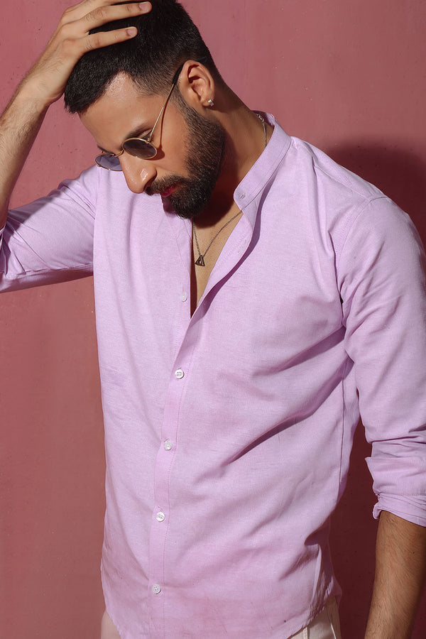 Lilac Linen With Stand-Up Collar Shirt